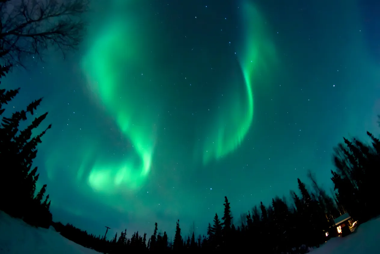 Aurora over a cabin in a tree lined clearing