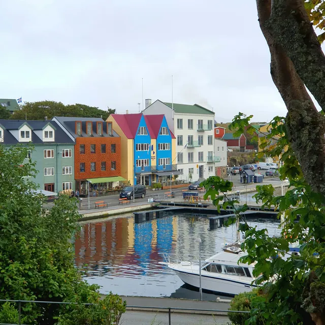 Colorful harbor house front view in Tórshavn