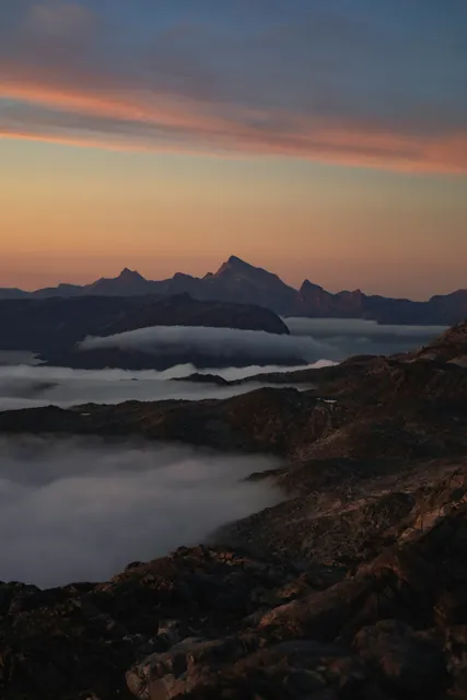 The mountain landscape of Nuuk’s backcountry. Above the clouds