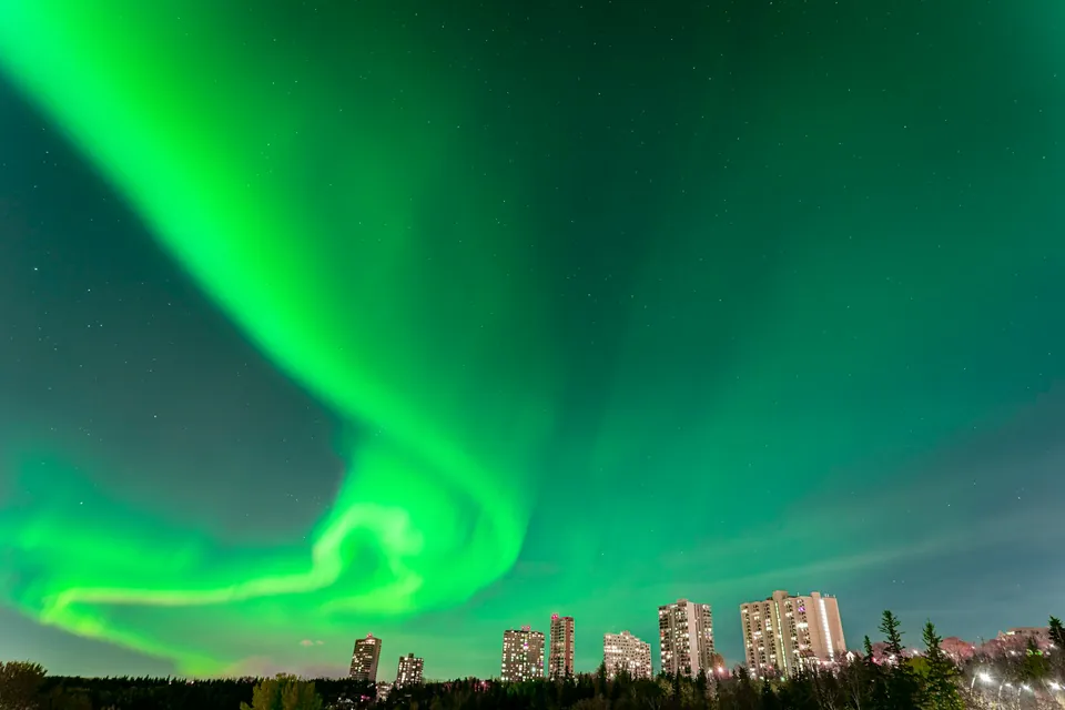 A beautiful green aurora over the city of Edmonton