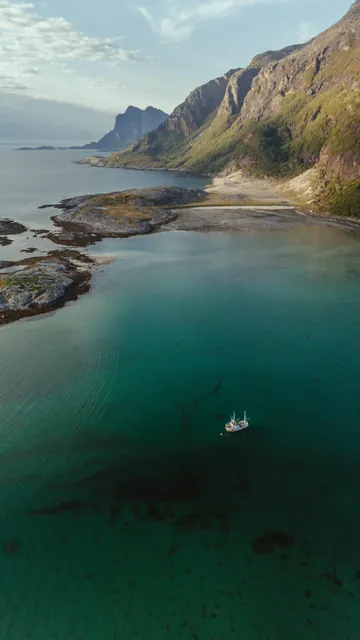 Drone shot of a boat at sea, Bodø, Nordland, Norge