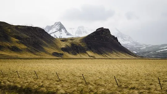 A view of the Borgarnes mountains from a green field in Iceland