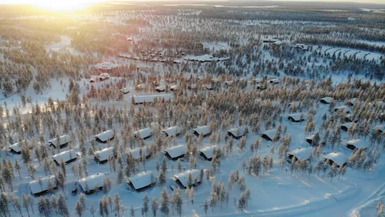 Arial shot showing snow covered houses in Ivalo, Inari, Finland