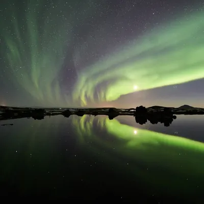 Aurora borealis over lake Mývatn, northern Iceland